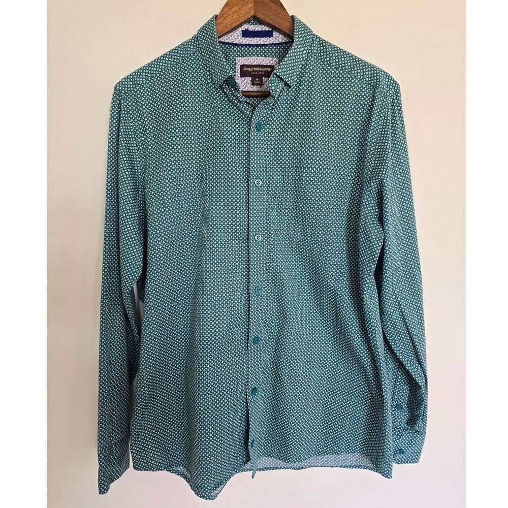 Johnston & Murphy Green Geometric Button Down Shirt Size M Cotton